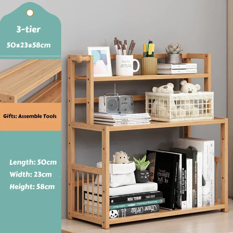 3-tier Wooden Bookshelf Office Student Stationery Organizer Magazine Holder Home Sundries Storage Shelves Kitchen Seasoning Rack