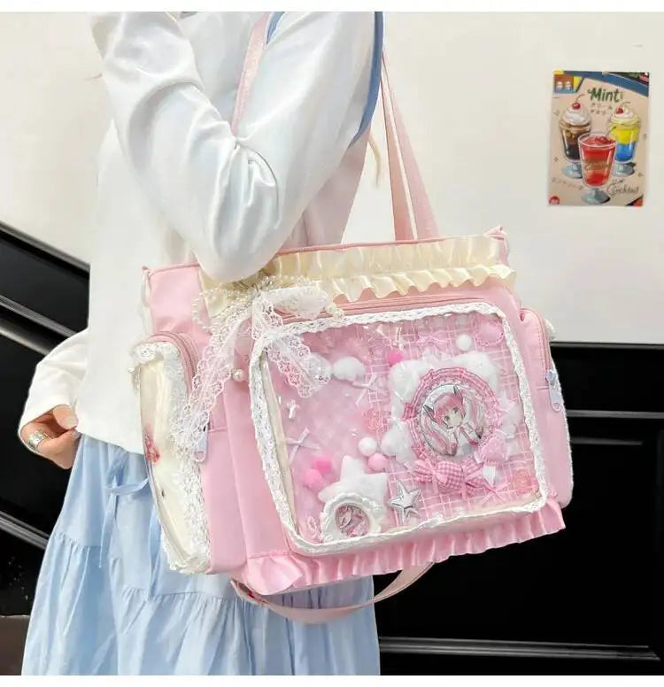 New Y2K Cute Japanese Ita Bag Lolita Girl Transparent Shoulder Tote Bag Large Capacity Crossbody Casual Bag DIY Display Handbags