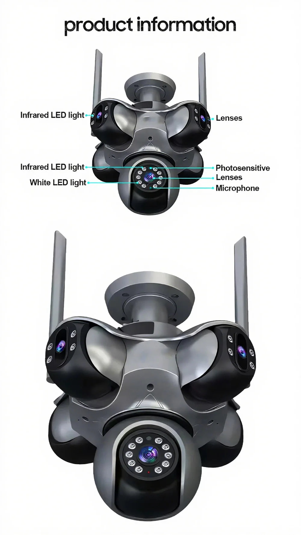 4K Wifi PTZ Panoramic Security Camera Outdoor 5 Lens 5  Screens Color night vision CCTV Wireless CCTV Video Surveillance Camera