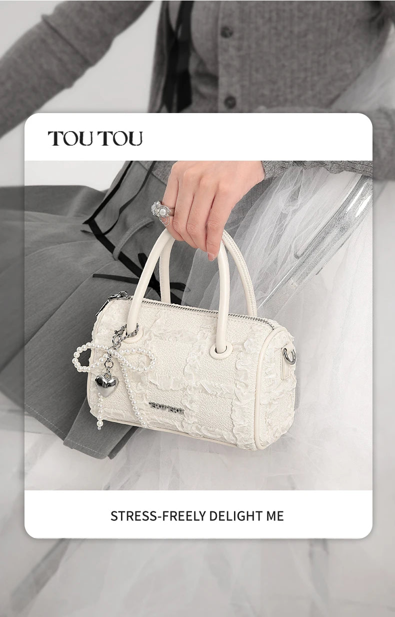 TOUTOU Women Boston Bowling Bag Charm Original Designer Brand White Handbag Adjustable Shoulder Strap Teacher Christmas Gift