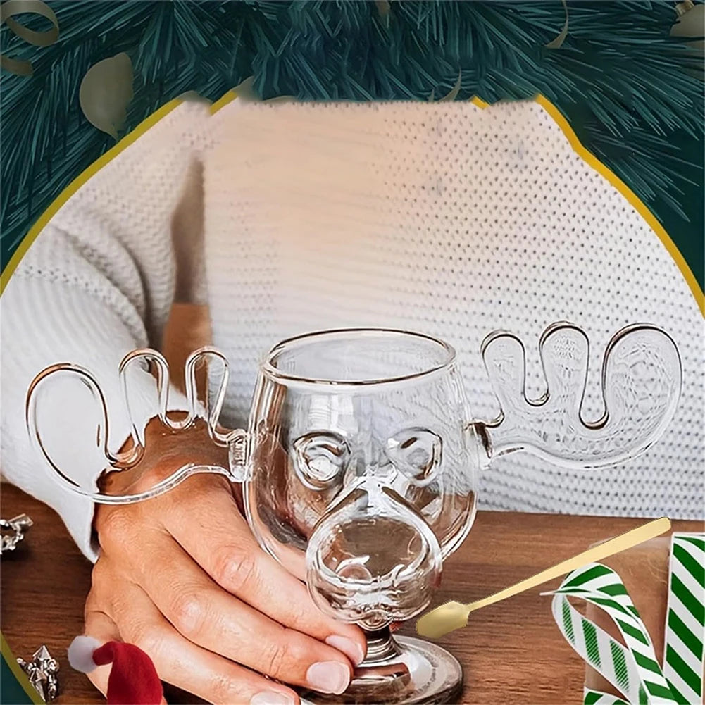 3-1PCS 240ml Christmas Vacation Eggnog Moose Mug Xmas Reindeer Head Creative Elk Glass Clear Wine Water Juice Milk Cup Drinkware