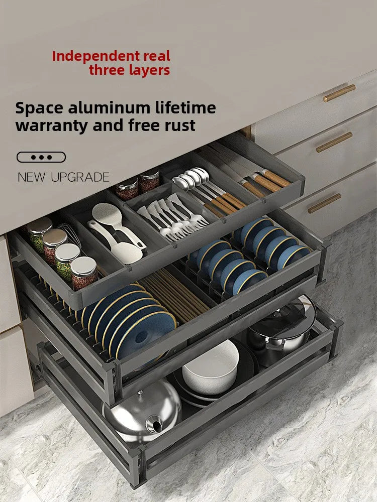 Kitchen Cabinet Aluminum Alloy Basket Three-layer Drawer Dish Rack Blue Rack Inside Cabinet