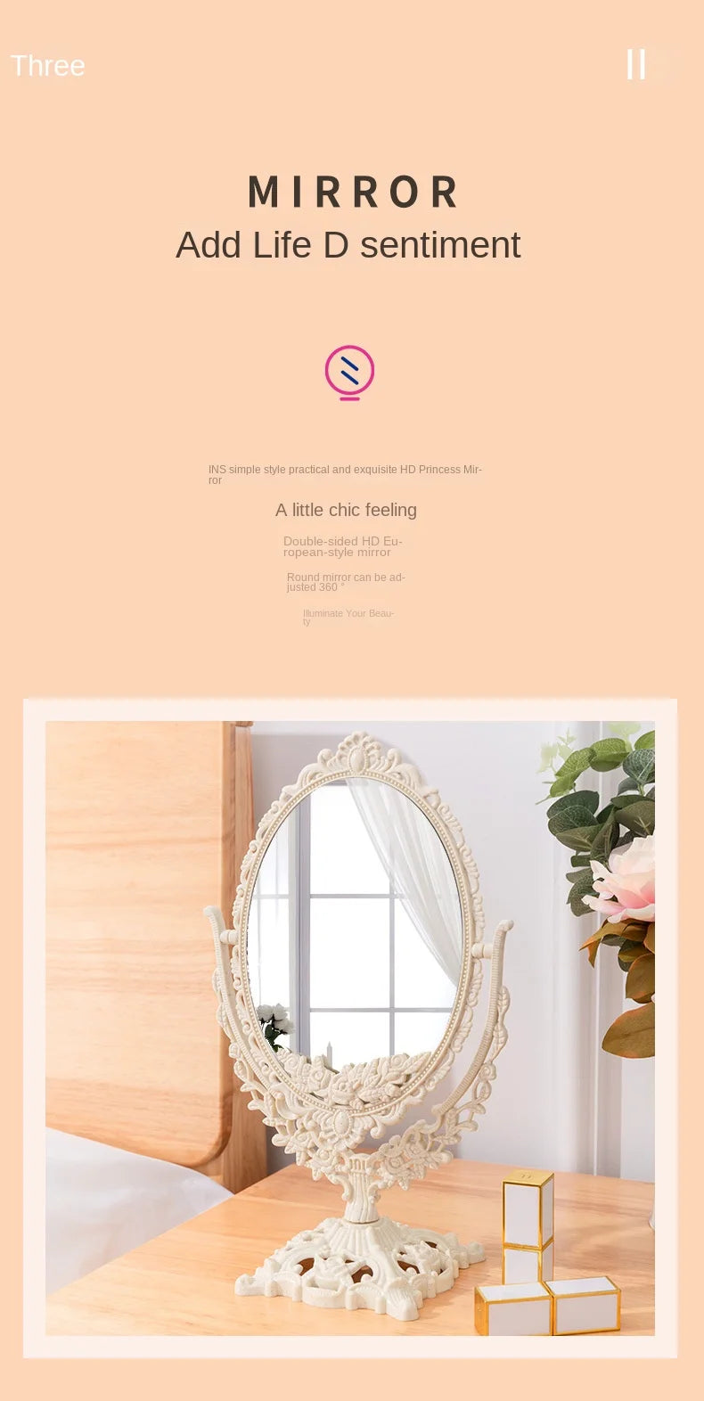 Retro palace style tabletop, rotatable tabletop, household standing makeup mirror, dormitory, student makeup mirror, girl