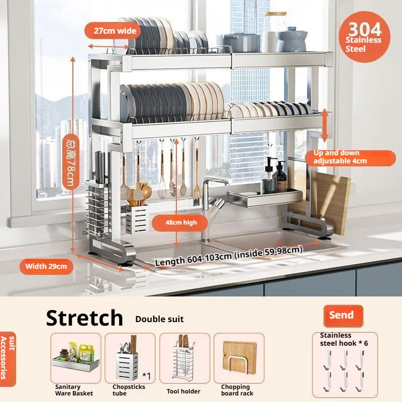 Over Sink Dish Drying Rack Stainless Steel Expandable Drain Bowl Holder Shelf Kitchen Counter Dish Storage Rack Hanger Shelves