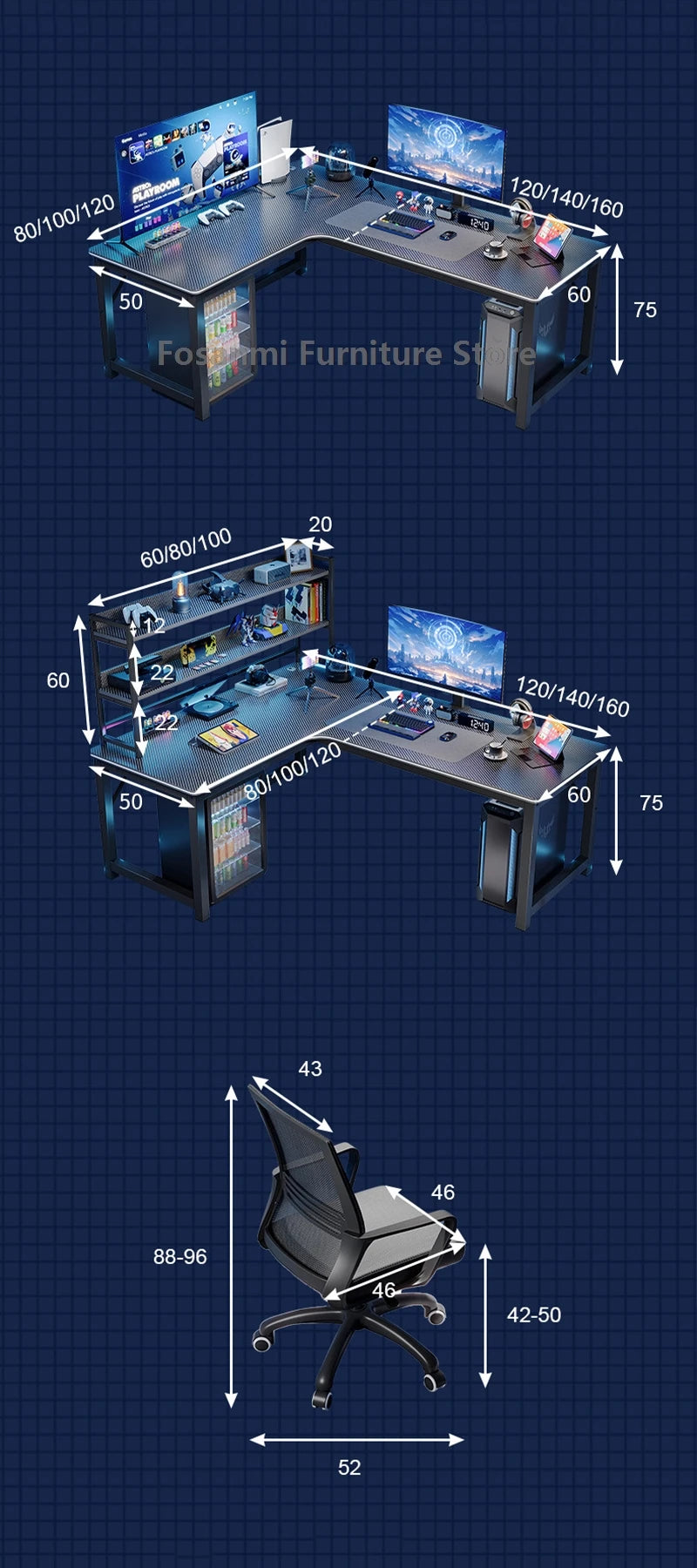 Modern L-Shaped Gaming Work Desk Chair Set Corner PC Table for Room Home Office Computer Desk and Chair Set Furniture with Shelf