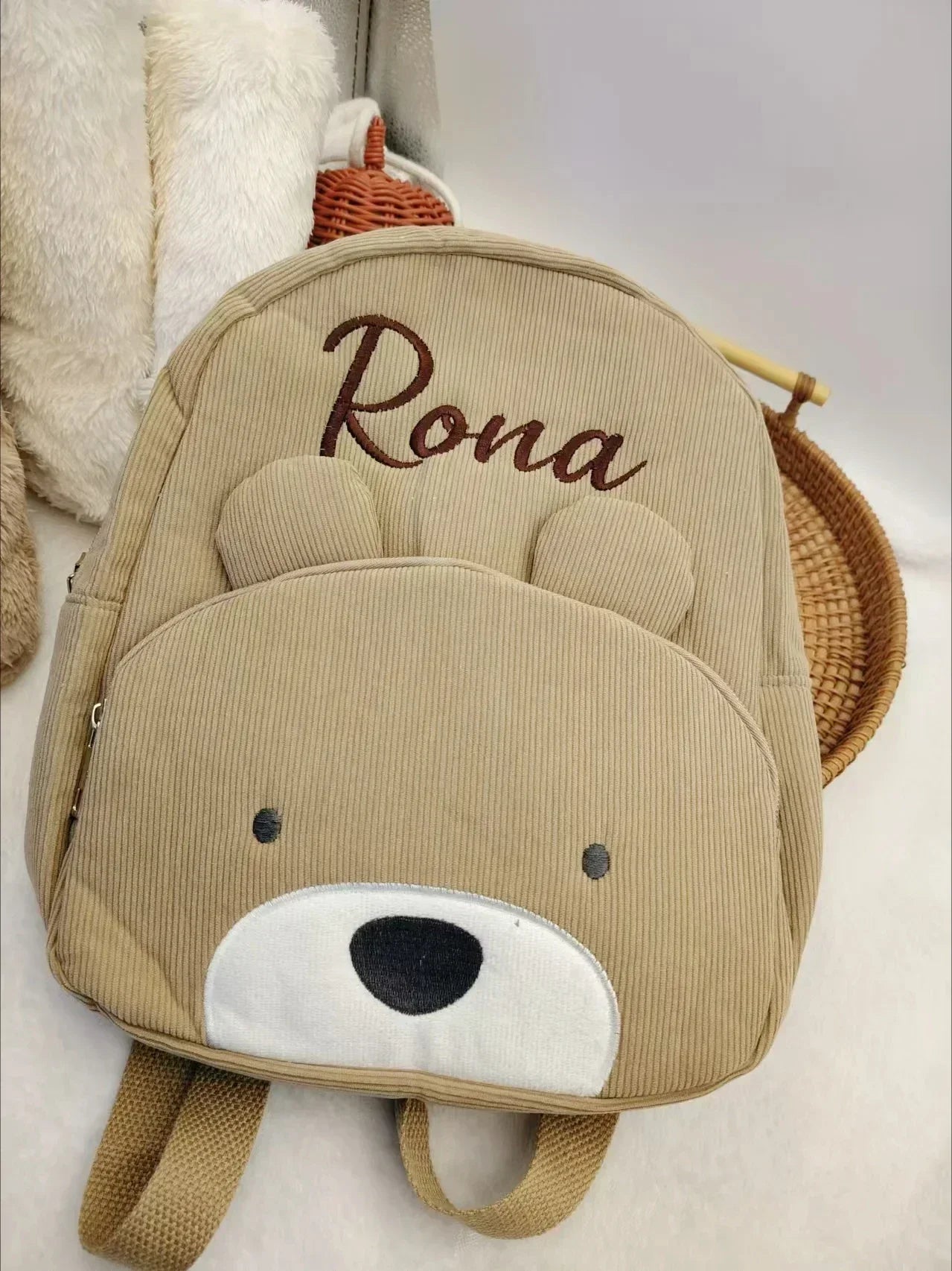 Personalized corduroy Backpack custom name embridery kindergarten schoolbags for children girls boys solid baby cute bags bear