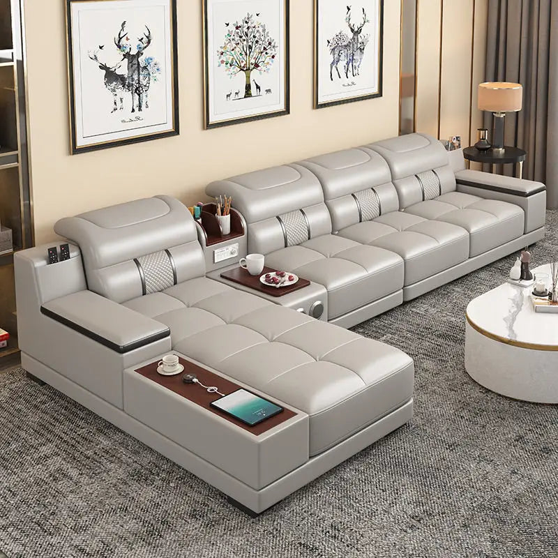 Stylish Italian Genuine Leather Sofa for Living Room with Cup Holder, USB, Adjustable Headrests & Bluetooth Speaker - Lazy Sofa