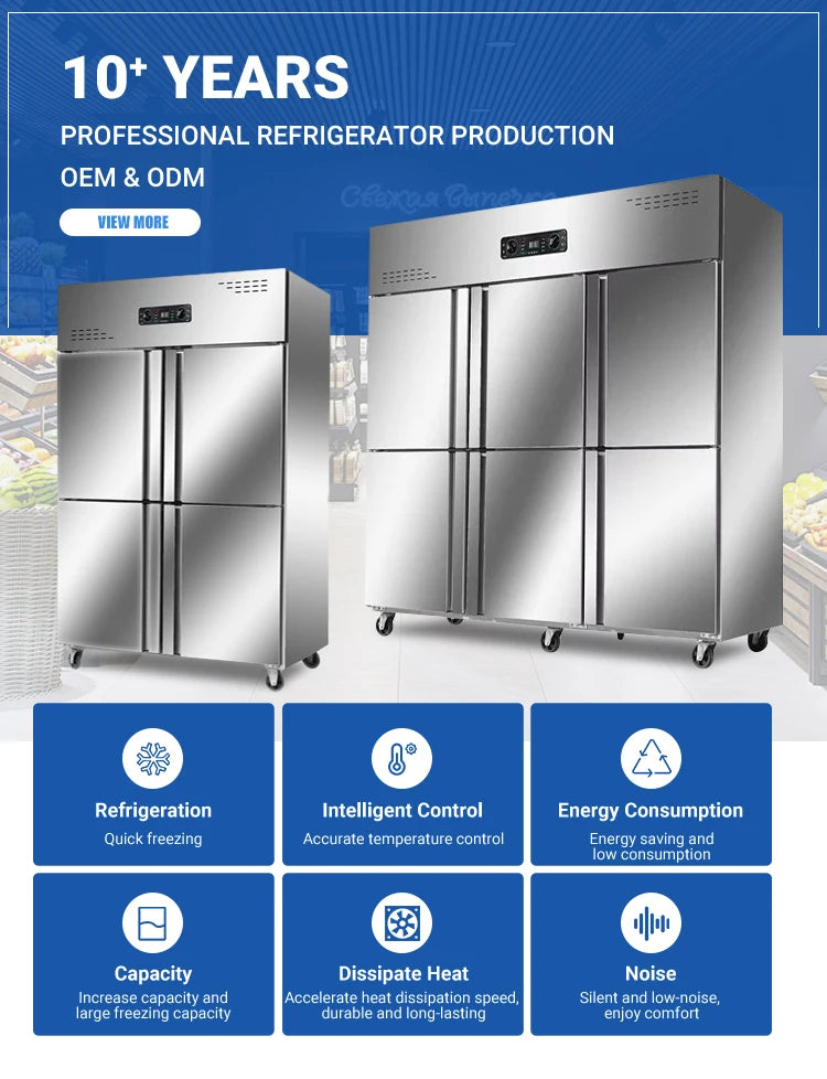 4-Door Commercial Freezer Refrigerator - Large Vertical Air Cooling Frozen Food Storage for Kitchen Restaurant