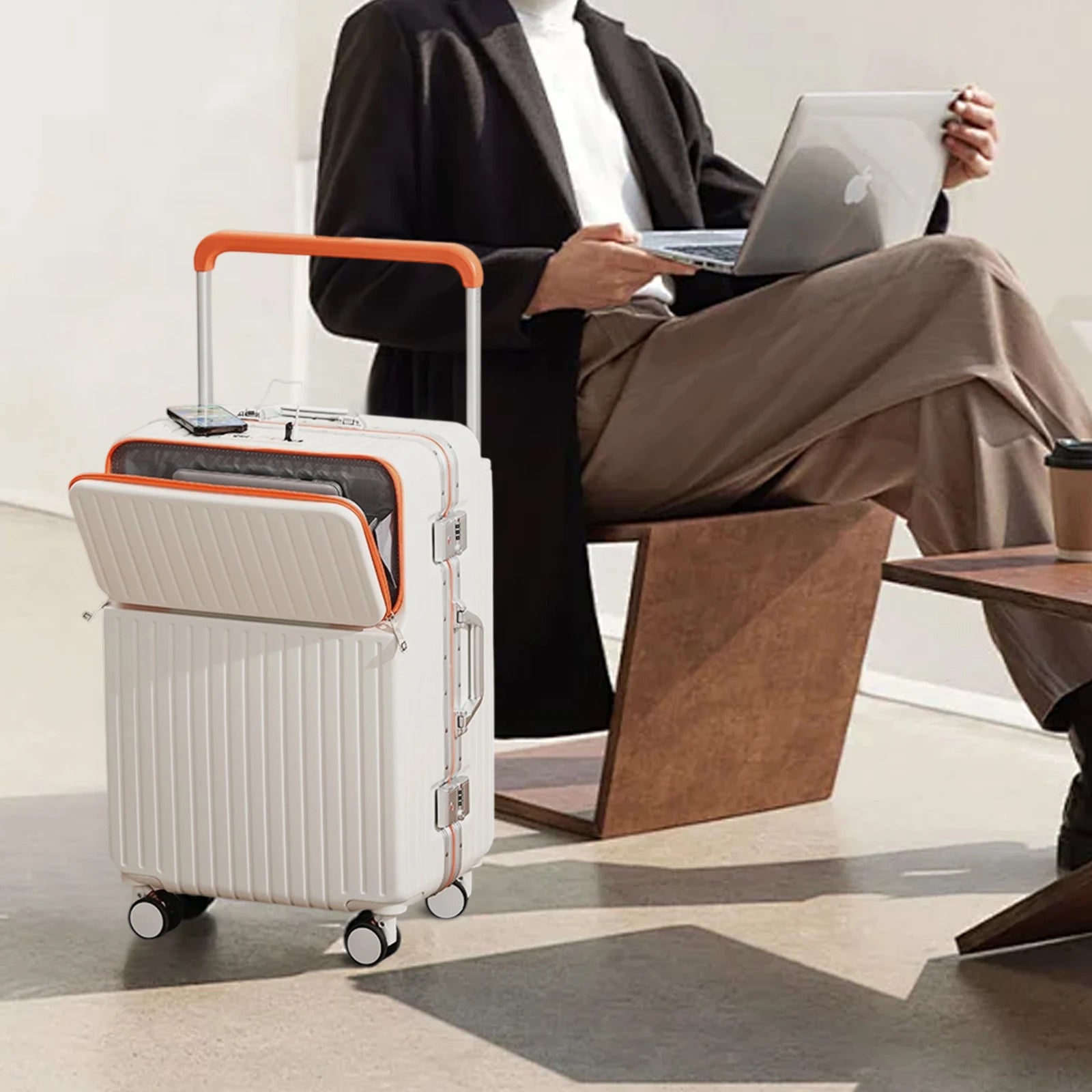 AIWEINY Luggage Aluminum Frame Hard Shell Trolley Case, TSA Lock, with Cup Holder and Phone Holder, USB, 20“-26”