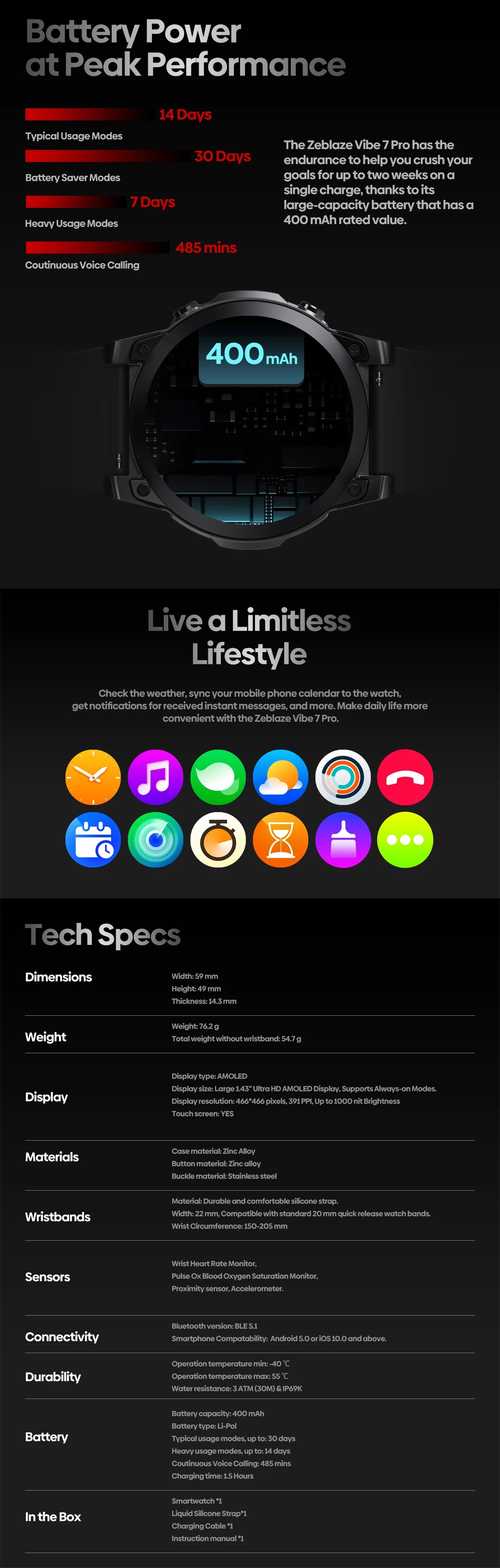 Zeblaze VIBE 7 PRO Voice Calling Smart Watch 1.43 Inch AMOLED Display Hi Fi Phone Calls Toughness Sports Smartwatch for Men