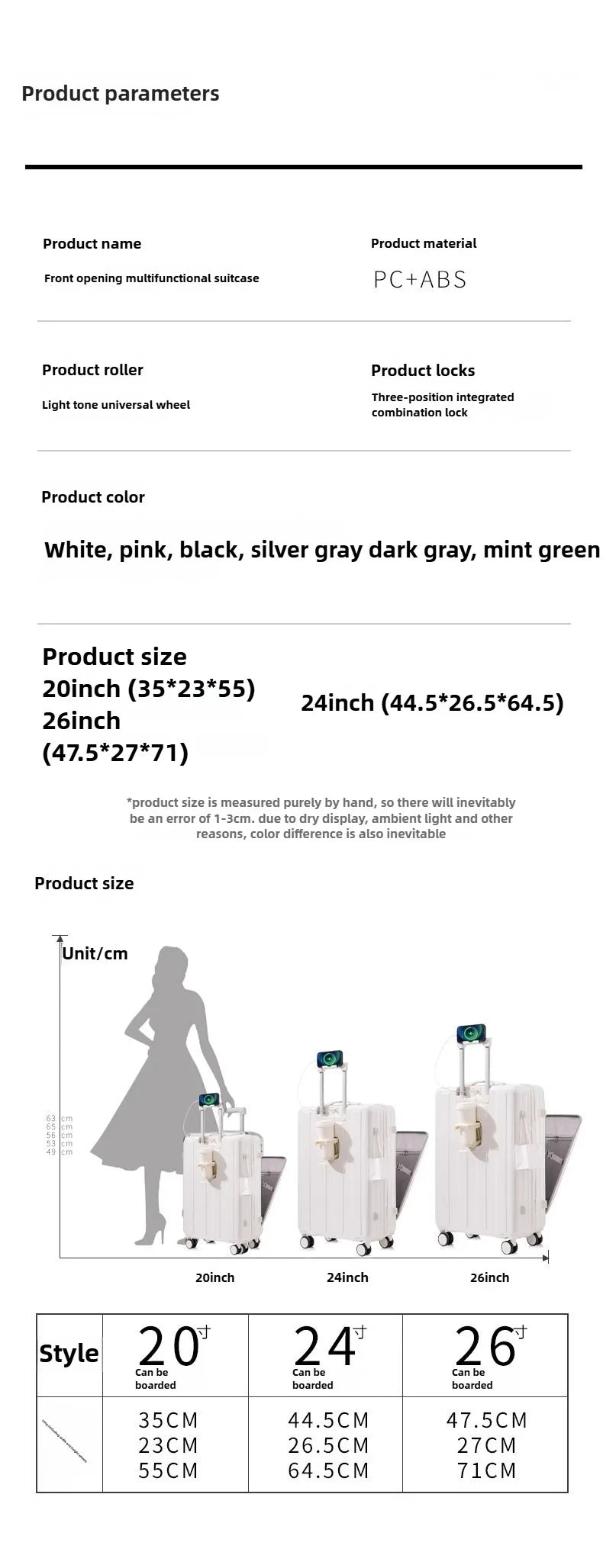 Multifunction Large Capacity Luggage Business Carry on Boarding USB Charging Cup Holder Front Opening Lid Trolley Suitcase