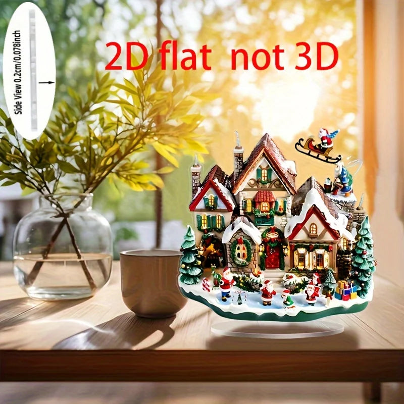 2D White Snow Scenery Christmas House Tree Acrylic Ornaments Base-Mounted Tabletop Home Office Attractive Festival Decor Gifts