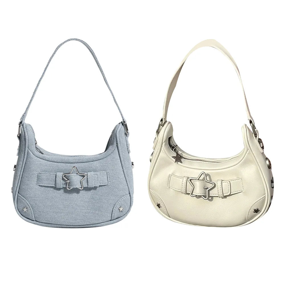 Women Shoulder Handbag Vintage Y2K Casual Hobos Zipper Star Decor Solid Color Gift for Girls Ladies Purse Tote Bag