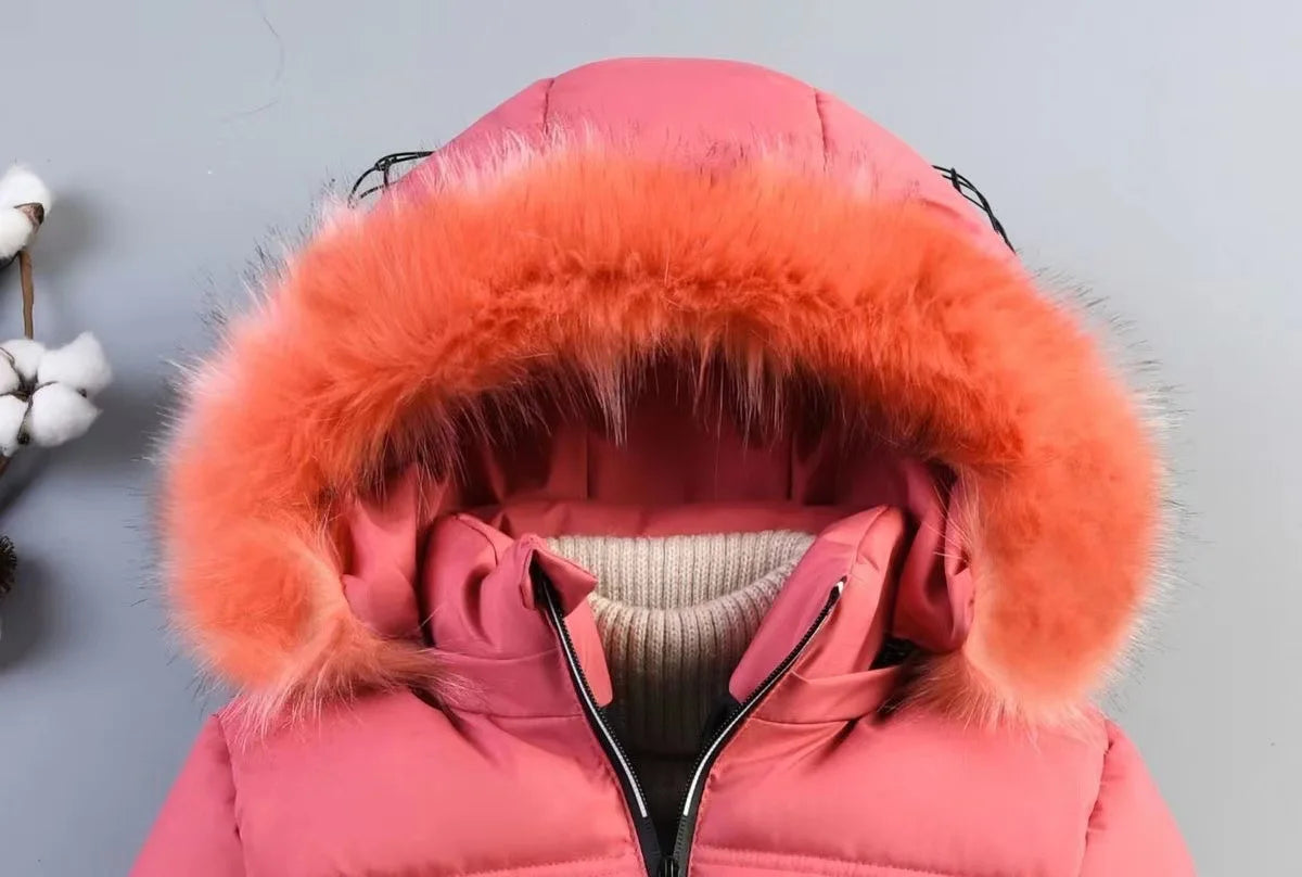 5-14 Years Old Winter Boys Girls Jacket Long Style Hooded Fur Collar Colorful Heavy Coat For Kids Children Outerwear