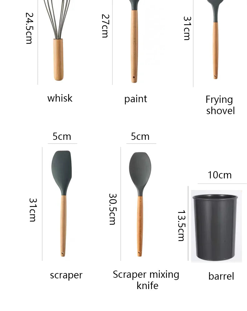 12pcs/set, Silicone Cooking Utensils Set With Wooden Handle, Colorful Non-stick Pot Special Cooking Tools Set, Heat Resistant