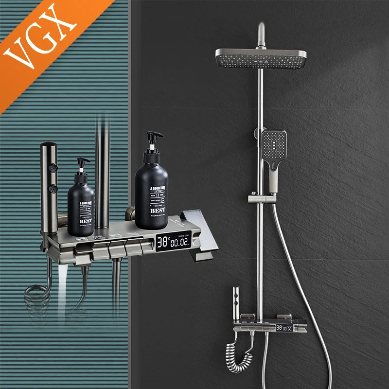 VGX Thermostatic Shower System Intelligent Digital Bathroom Shower Faucet Set Temperature Display Rainlfall Bathroom Shower Set