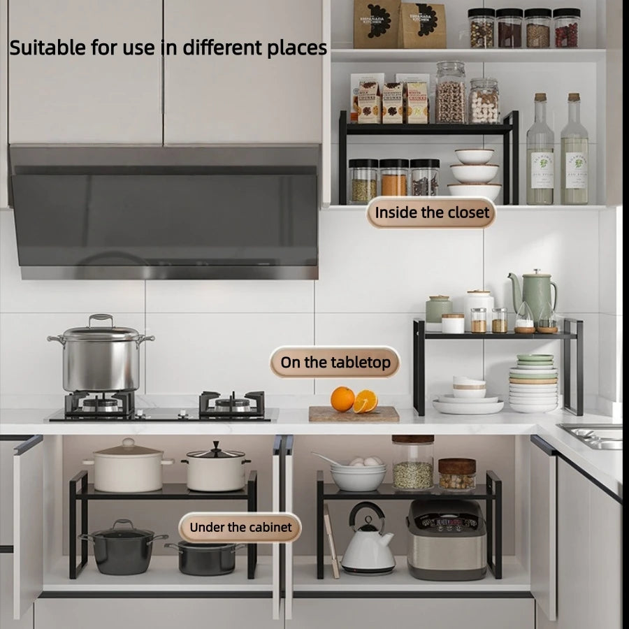 Kitchen cabinet multi-level shelf storage rack, seasoning storage rack, expandable home storage space, heavy-duty metal black