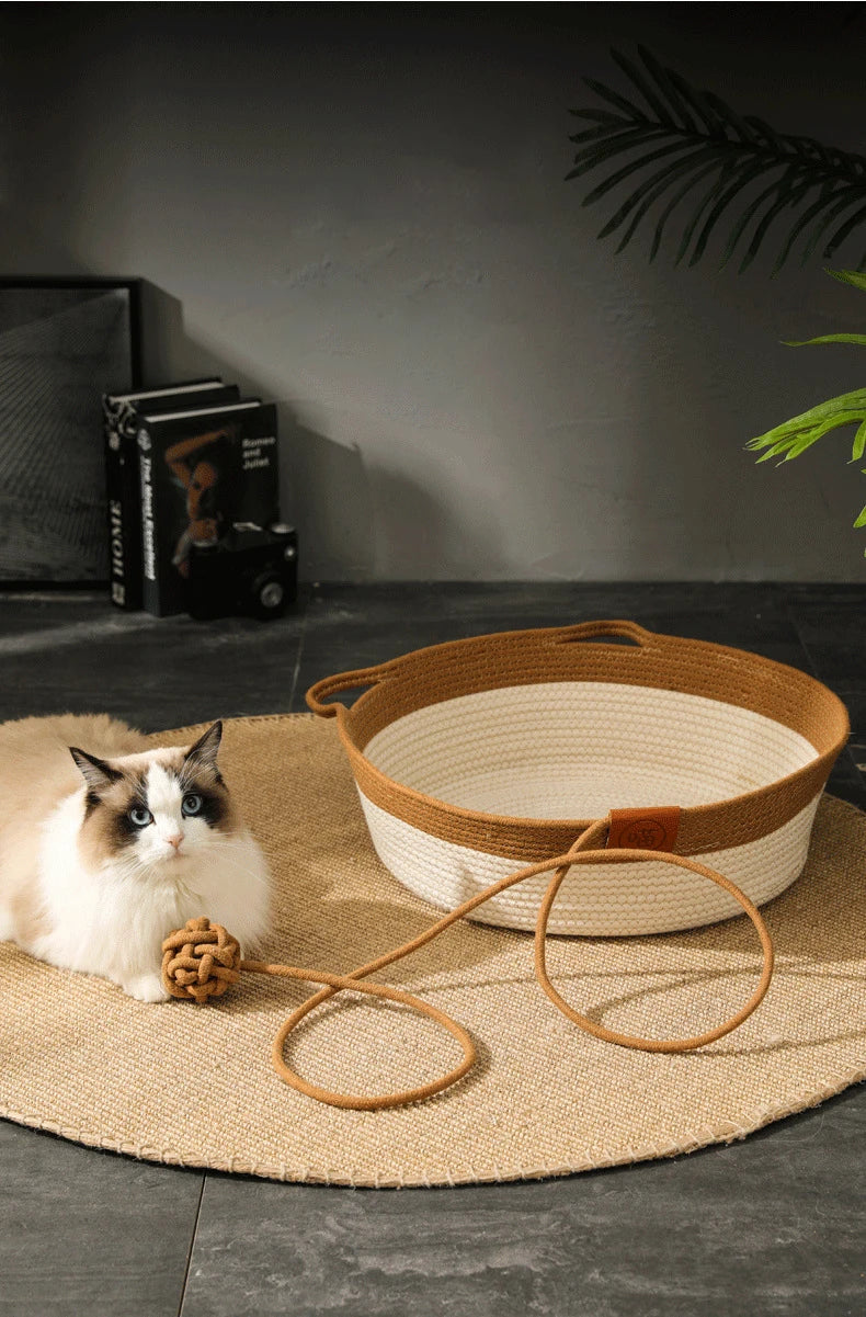 Cat Bed Handmade Rattan Woven Pet Nest Removable Washable Warm Pad All-Season Cat Scratch Board Winter Warm Cat House for Cats