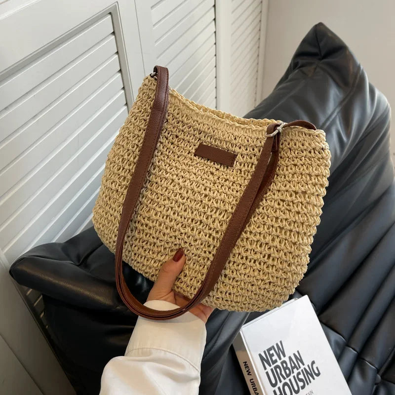 Bohemian Straw Beach Bags For Women High Capacity Handmade Shoulder Bag Casual Woven Totes Bag Shopping Clutch Handbag Purse