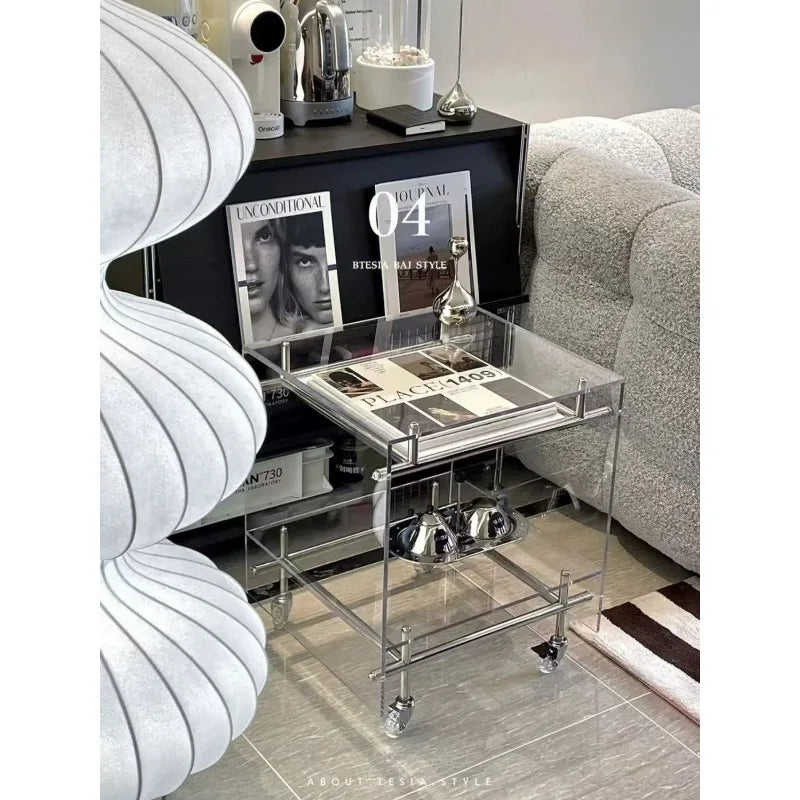 Acrylic Side Table Transparent Trolley Style Living Room Coffee Table Storage Cabinet Mobile Bedside Table Minimalist