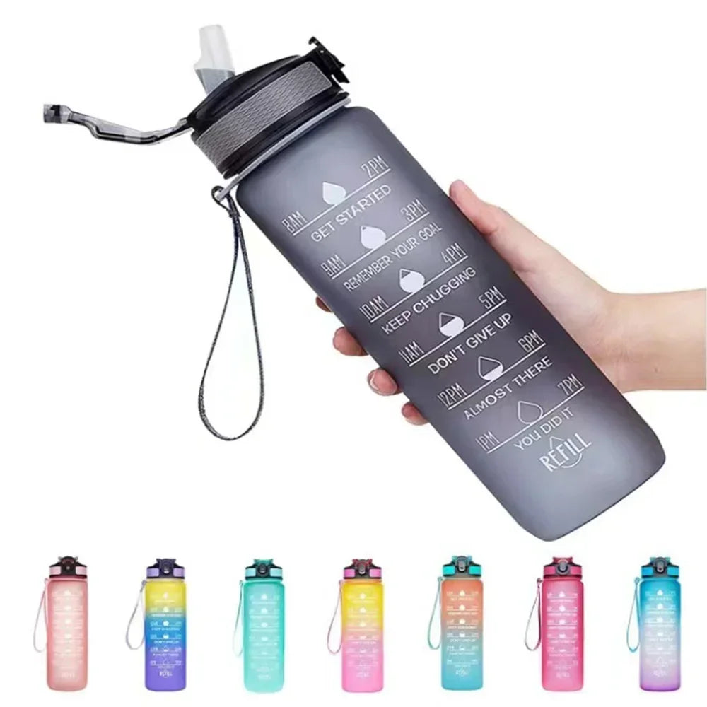 1L Gradient Color Motivational Sports Water Bottle with Time Marker Water Bottle with Straw for Office Exercise Gym Outdoor
