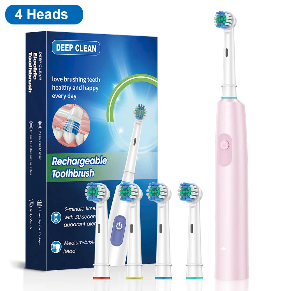 Electric Rotating Toothbrush Deep Clean Whitening Teeth for Adult Ultrasonic Toothbrush with 4/8pcs Refill Replacement Heads