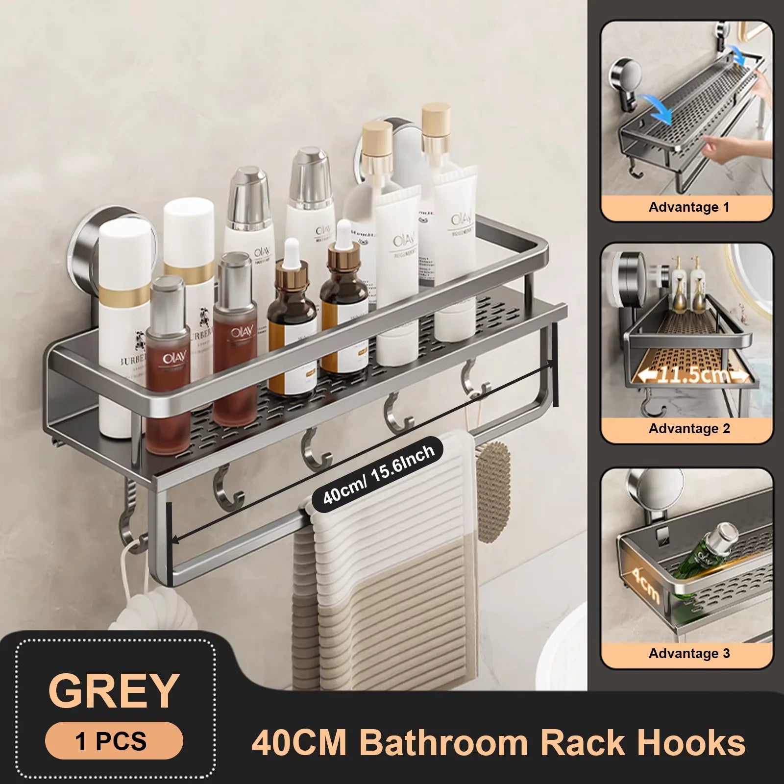Space Aluminum Suction Cup Bathroom Rack No-punch Wall Mount Shower Storage Shelf Large Capacity Strong Load-bearing