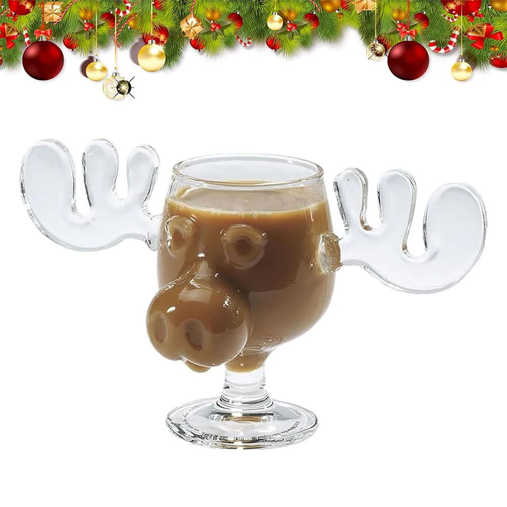 3-1PCS 240ml Christmas Vacation Eggnog Moose Mug Xmas Reindeer Head Creative Elk Glass Clear Wine Water Juice Milk Cup Drinkware