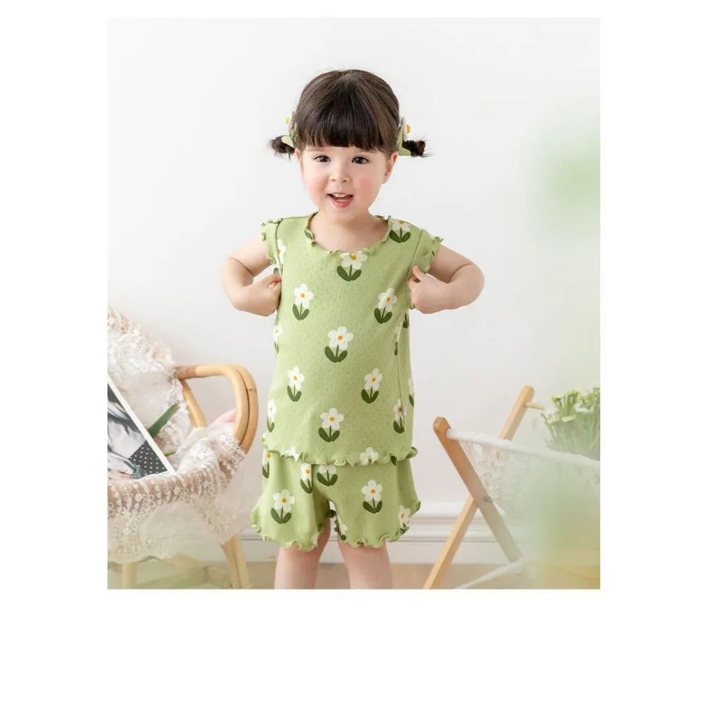Bear Leader Summer New Pajama Baby Girl Clothes 3-7 Years Old Flower Printed Short Sleeved Top + Shorts Cute Children's Set