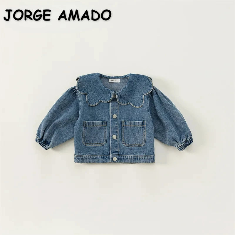Korean Style Spring Autumn Kids Girl Denim Coat Ruffle Collar Long Sleeve Outerwear Children Fashion Versatile Clothes E82075