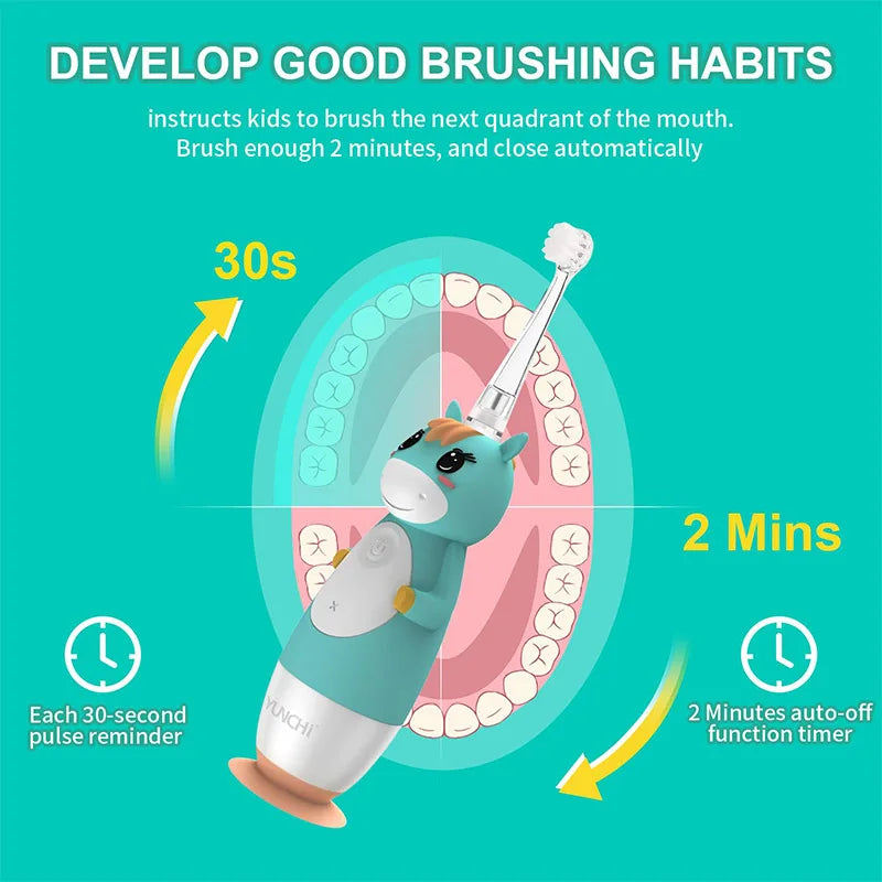 Toddler Sonic Electric Toothbrush for Baby with Cute Unicorn Cover and Smart LED Timer Soft Microfiber Bristles 4 Brush Heads