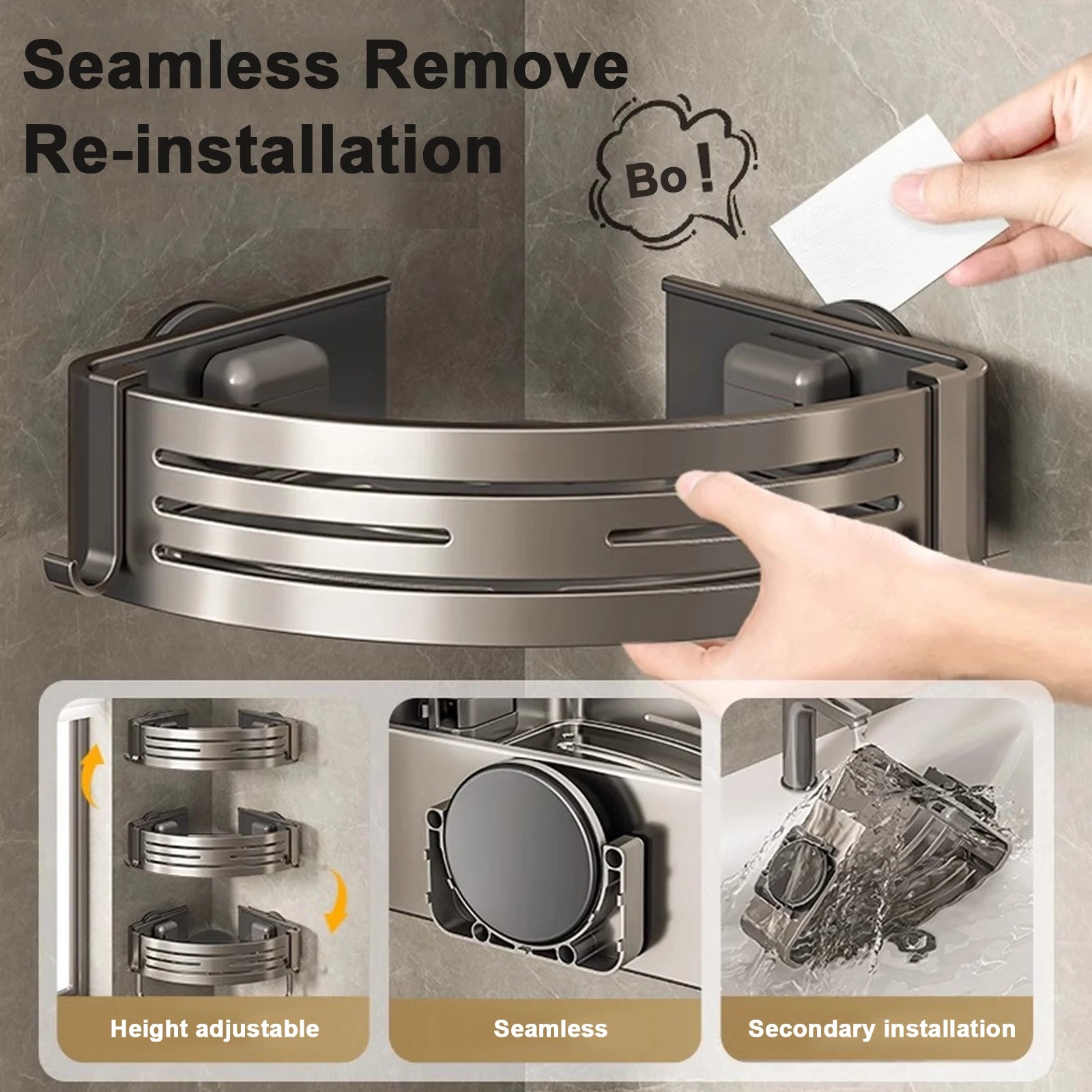 Triangular Shower Shelf with Hooks Suction Cup No Drill Bathroom Organizer Aluminum Corner Rack for Shampoo Soap Kitchen Storage