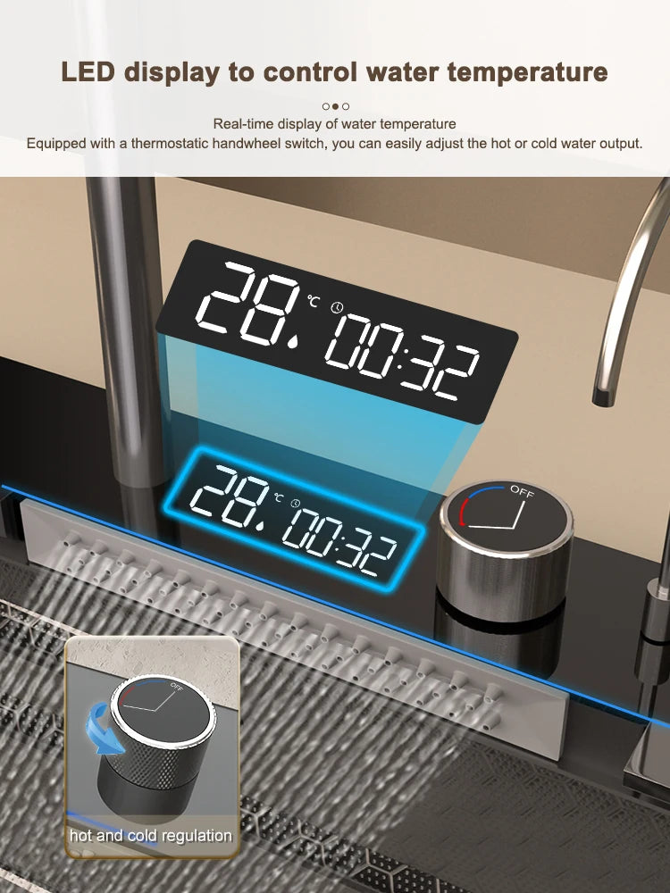 Kitchen Sink Stainless Steel Waterfall Sinks Extra Large Single Slot with Digital Display Faucet Set For kitchen