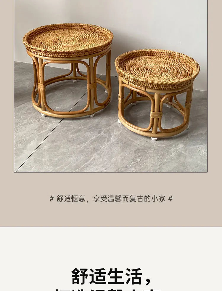 Handwoven Rattan Balcony Side Table Vintage Sofa Coffee Table  Durable Dessert and Snack Stand Japanese  Bedroom Organizer