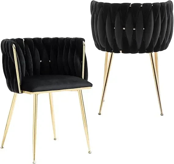 Velvet Dining Chairs Set of 2, Woven Upholstered Dining Chairs with Gold Metal Legs, Modern Accent Chairs for Living Room,