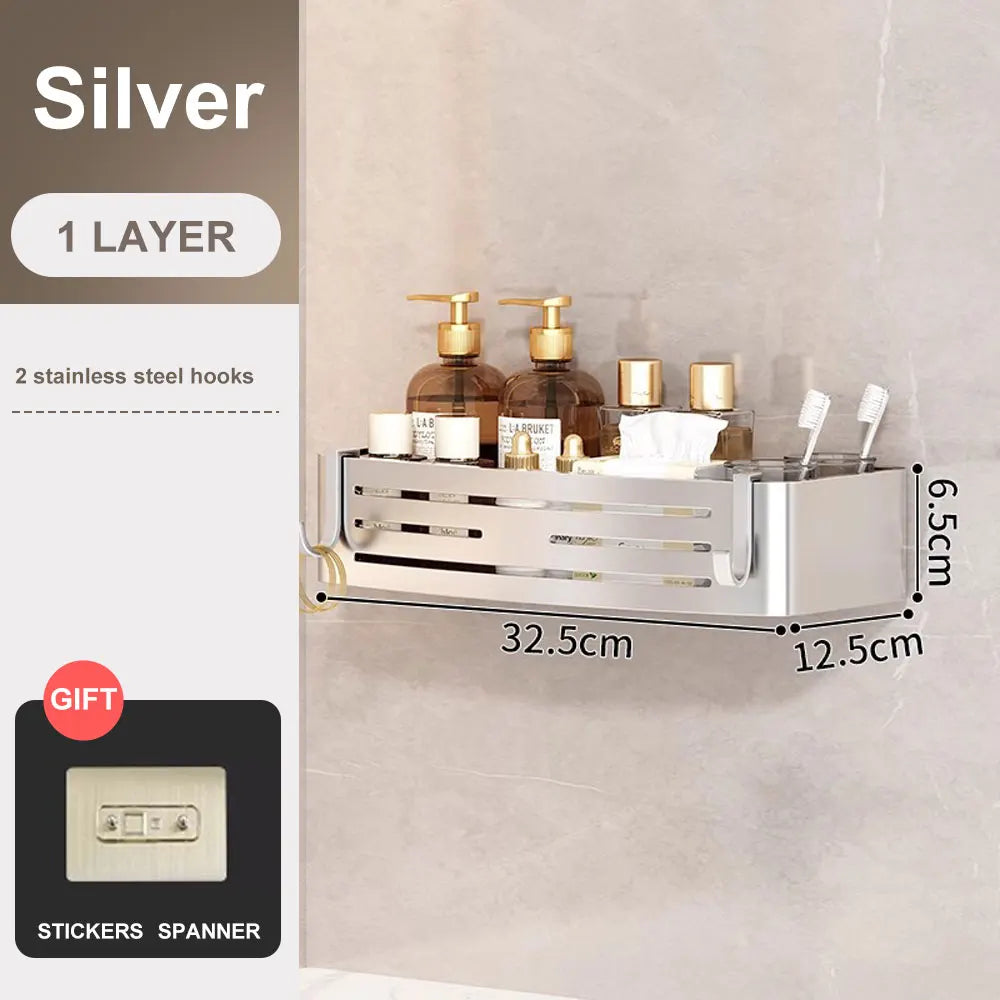 1-2PCS Bathroom Corner Shelf with Plastic Hook Towel Bar No Drill Space Aluminum Shower Storage Rack Bathroom Organizer