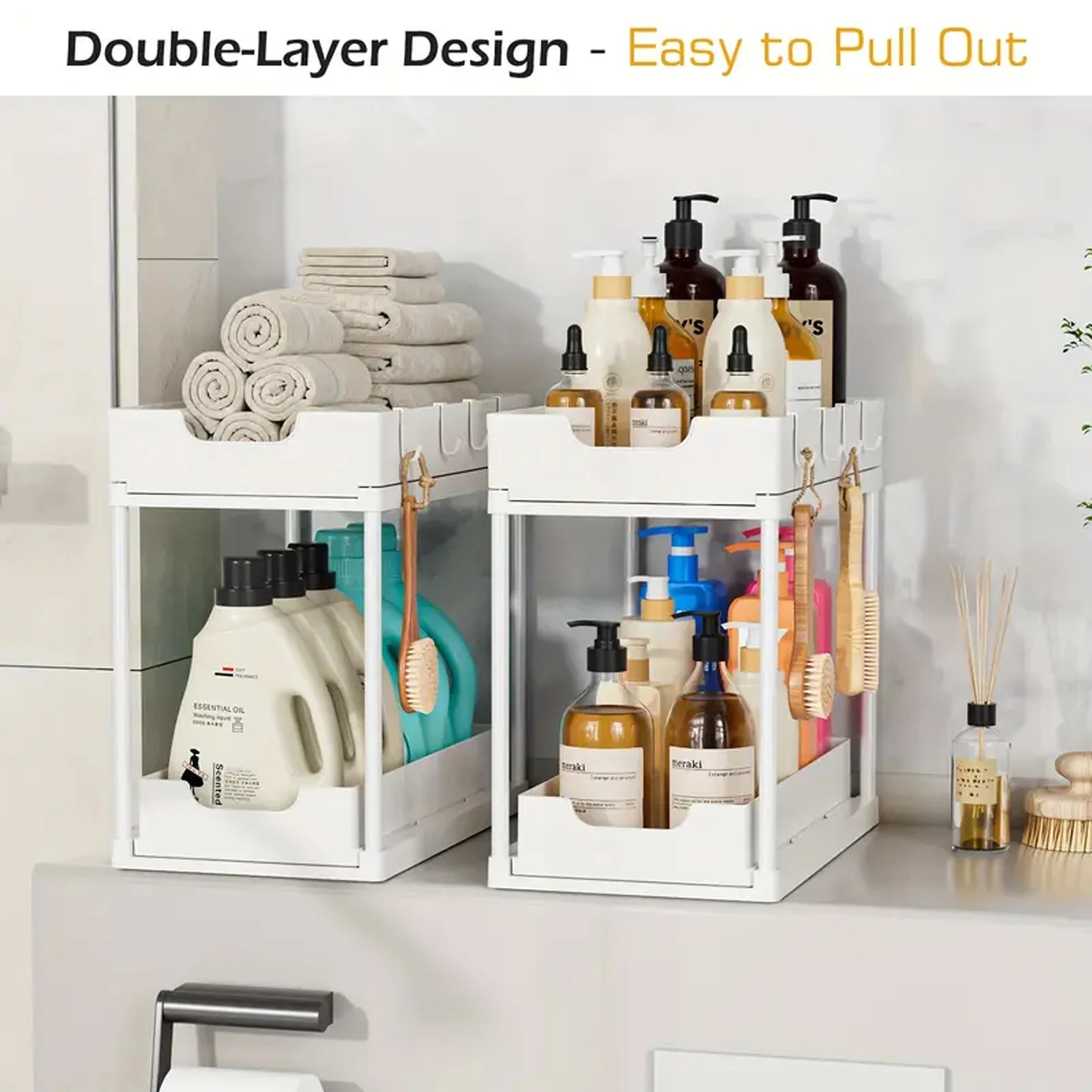 Double-Layer Pull-Out Kitchen Storage Rack, Non-Slip, Stable, Multi-Functional Storage Box with Five Hooks, under Sink Brush, Double-Layer Drawer Storage Rack, Suitable for Kitchen and Bathroom Countertop Sink Storage