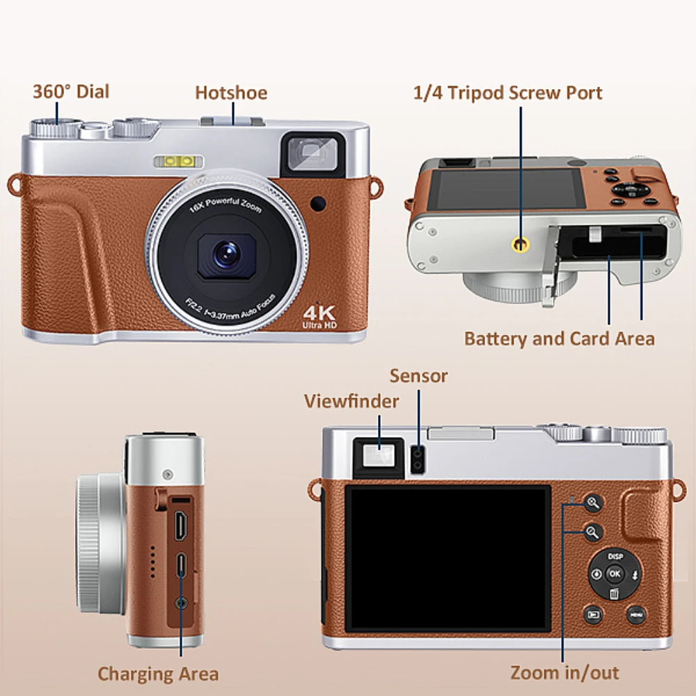 4K Digital Camera Auto Focus 48MP Vlogging Camera for YouTube and Anti-Shake Video Camera with Viewfinder Flash & Dial