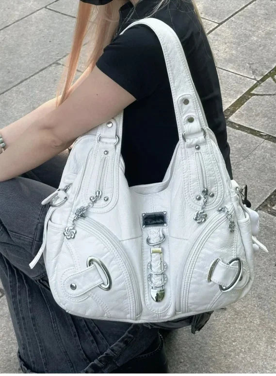 JIAERDI Vintage White Large Capacity Handbag Women High Street Leather Pocket Y2k Shoulder Bags Ladies Retro Purse Bagutte Bag
