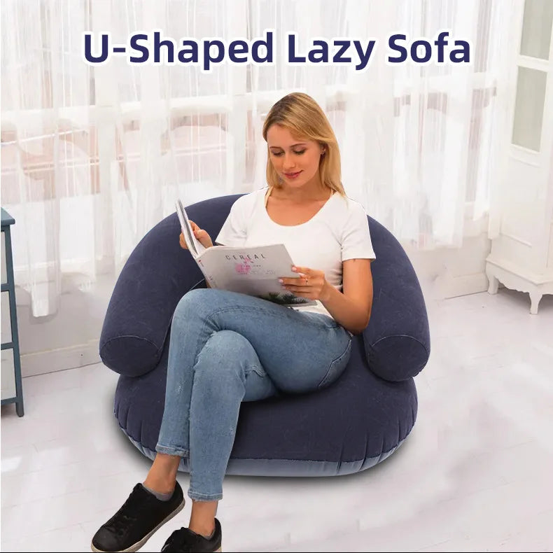 Lazy U-Shaped Inflatable Sofa Chairs Flocking Pvc Lounger Seat Outdoor Camping Living Room Portable Folding Air Single Sofa