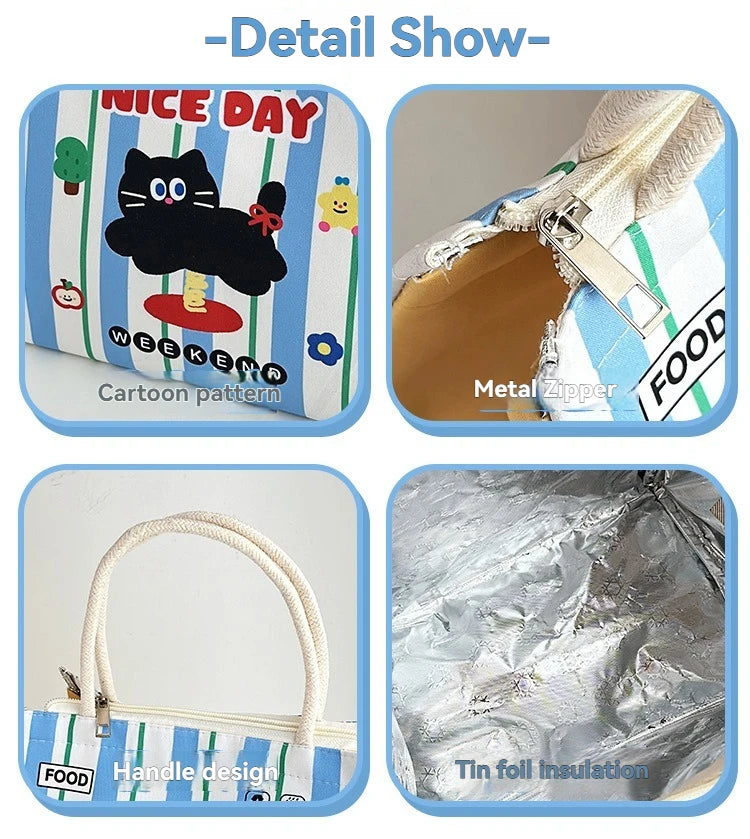Cute Kitten Lunch Box Bag Student Hand-Held Aluminum Foil Insulated Lunch Box Bag Large Capacity Lunch Box Bag