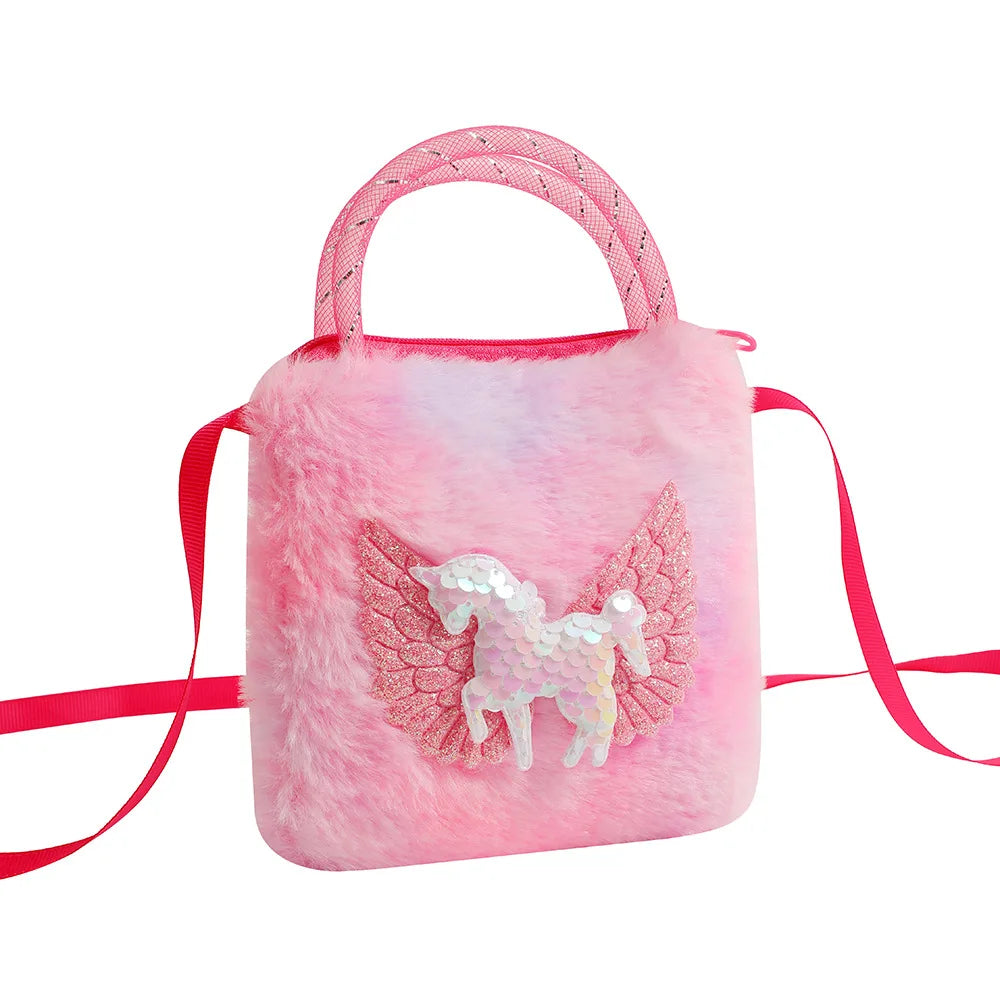 1 Piece Cute Furry Cartoon Kids Shoulder Bag for Girl Plush Shiny Cartoon Unicorn Crossbody Bag Baby Small Stuff Storage Bag