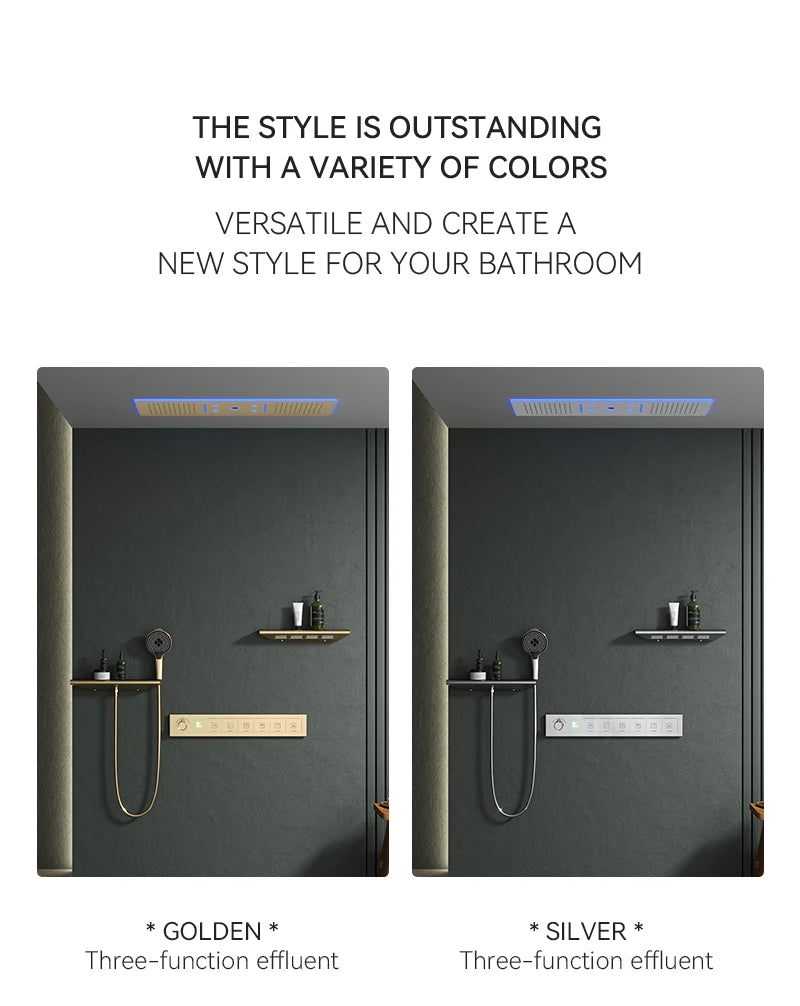 Luxury Ceiling Shower System Set Concealed Thermostatic Brass Digital Display Hydro Generator Rainfall  with Light and Bluetooth