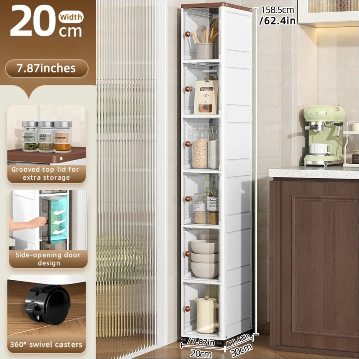 The transparent storage cabinet with wheels in the gap saves space in the kitchen and living room for storing snacks