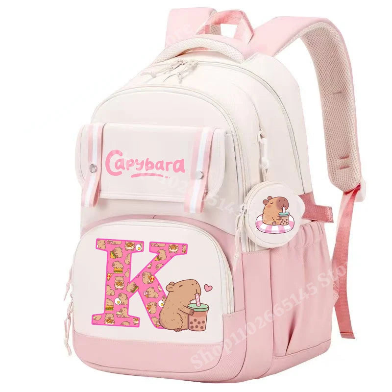 Capibara Cute Backpack Girl Anime Capybara Letter A-Z School Bags Kids Outdoor Sport Shoulders Bag Travel Rucksack Children Gift