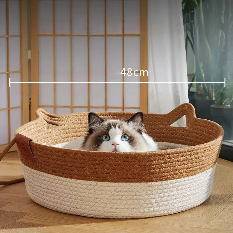Japanese Pet Cat Bed Round Hand Woven Rattan Cat Beds Summer Cooling Kitten Basket Cotton Rope Cat Scratching Baskets