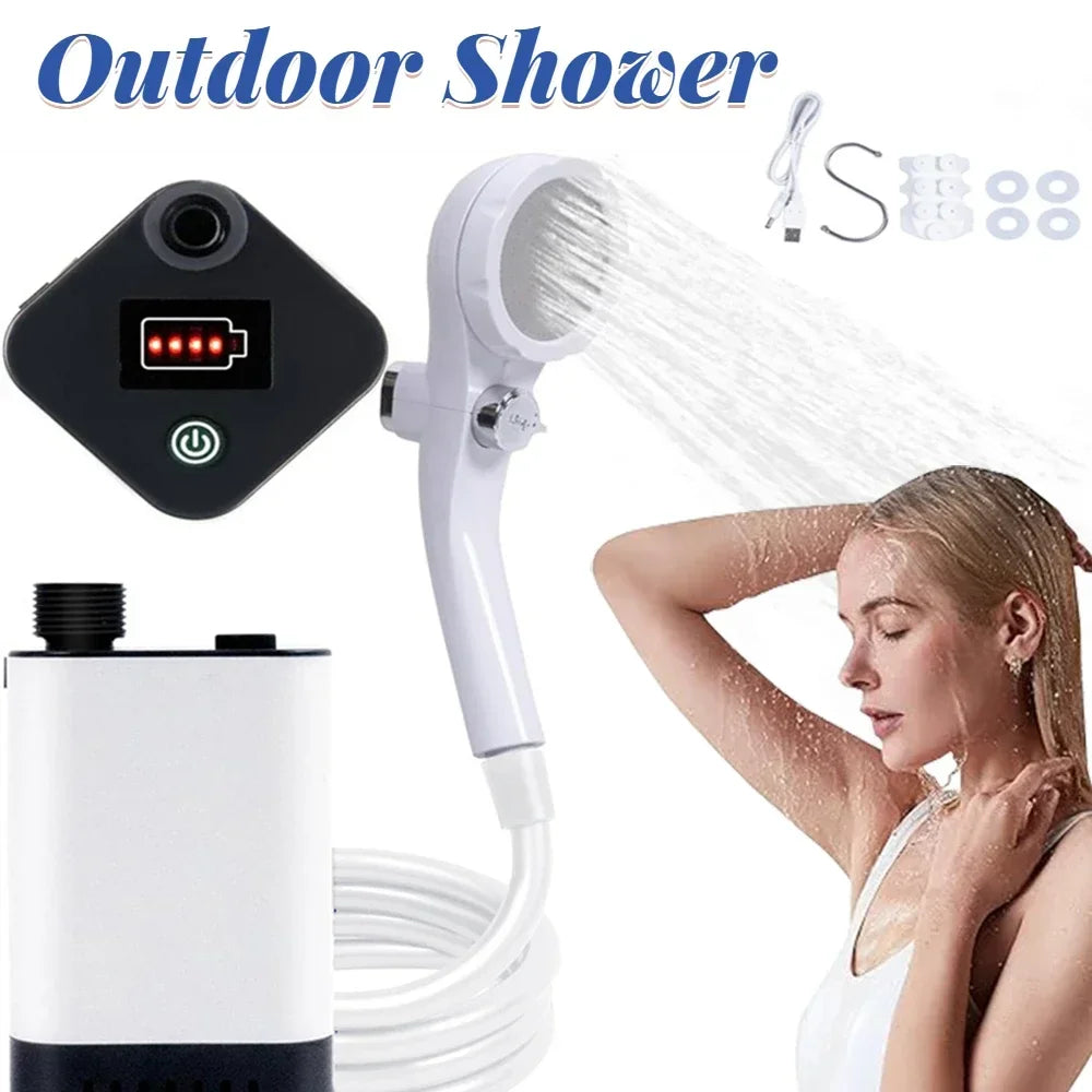 Portable camping shower unit. Portable outdoor camping shower unit. Equipped with 5200 mah battery.Shower duration: 80 minutes