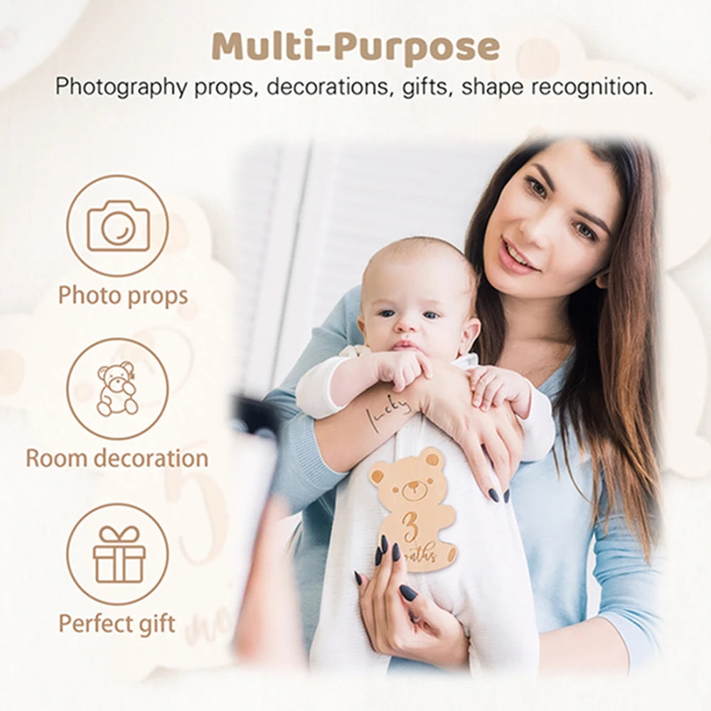 Baby Wooden Milestone Cards Bear Puzzles Memorial Monthly Cards for 0 12 Months Newborn Photography Accessories Birthing Gift