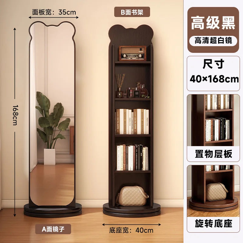 Bookshelf full-body mirror rotating mobile dressing floor mirror bookshelf integrated storage fitting mirror