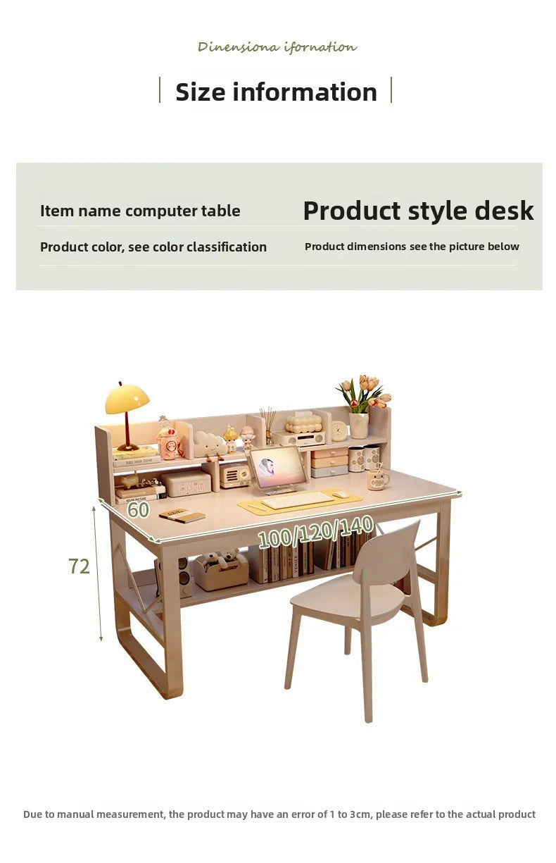 Solid Wood Computer Desk Household Desk Bookshelf Integrated Student Learning Desk Rental House Simple Office Table and Chair